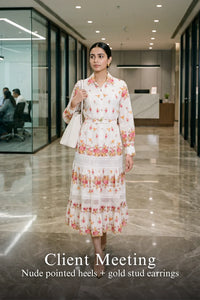 Woman in Pretty Pixie ivory floral lace-panel belted shirt midi dress styled for a styled look