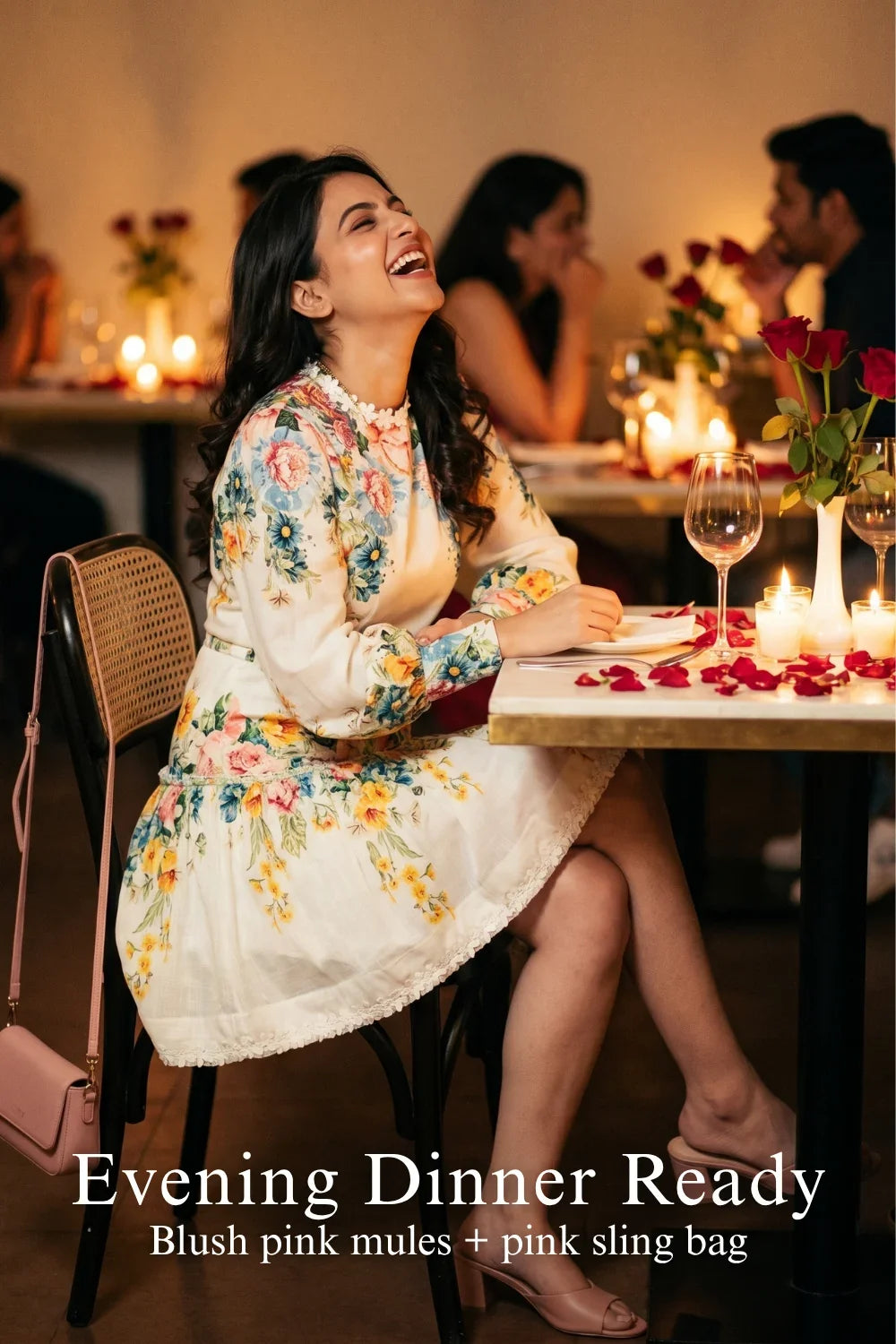Woman in Pretty Pixie ivory floral ruffle-neck puff-sleeve mini dress styled for a styled look