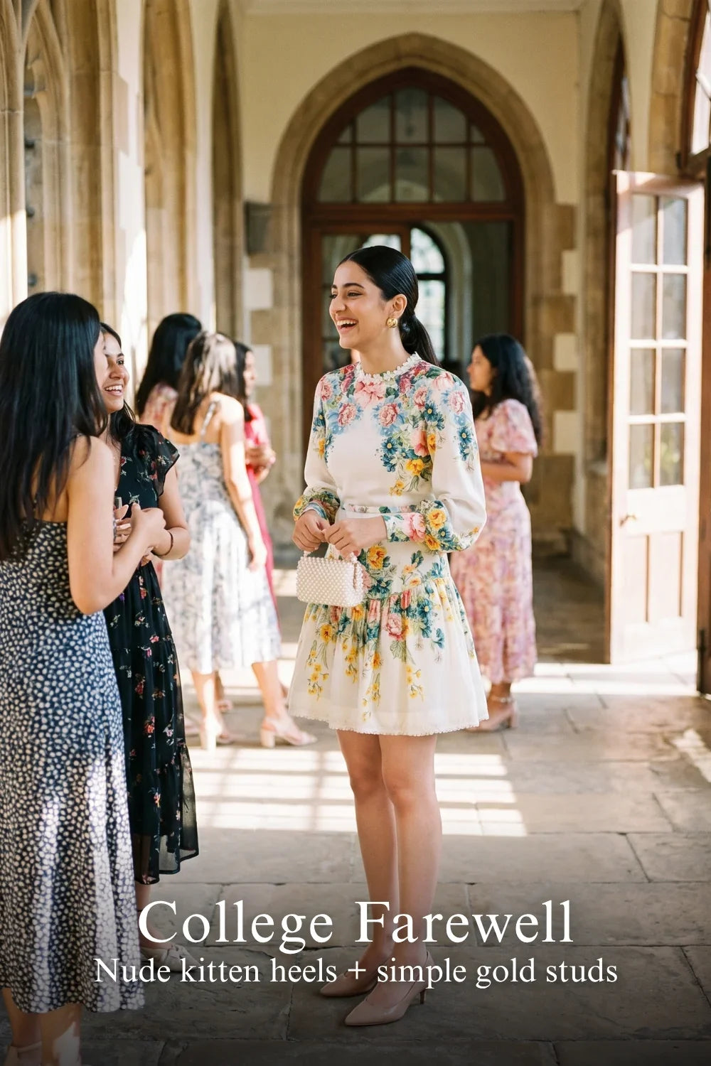 Woman in Pretty Pixie ivory floral ruffle-neck puff-sleeve mini dress styled for a styled look