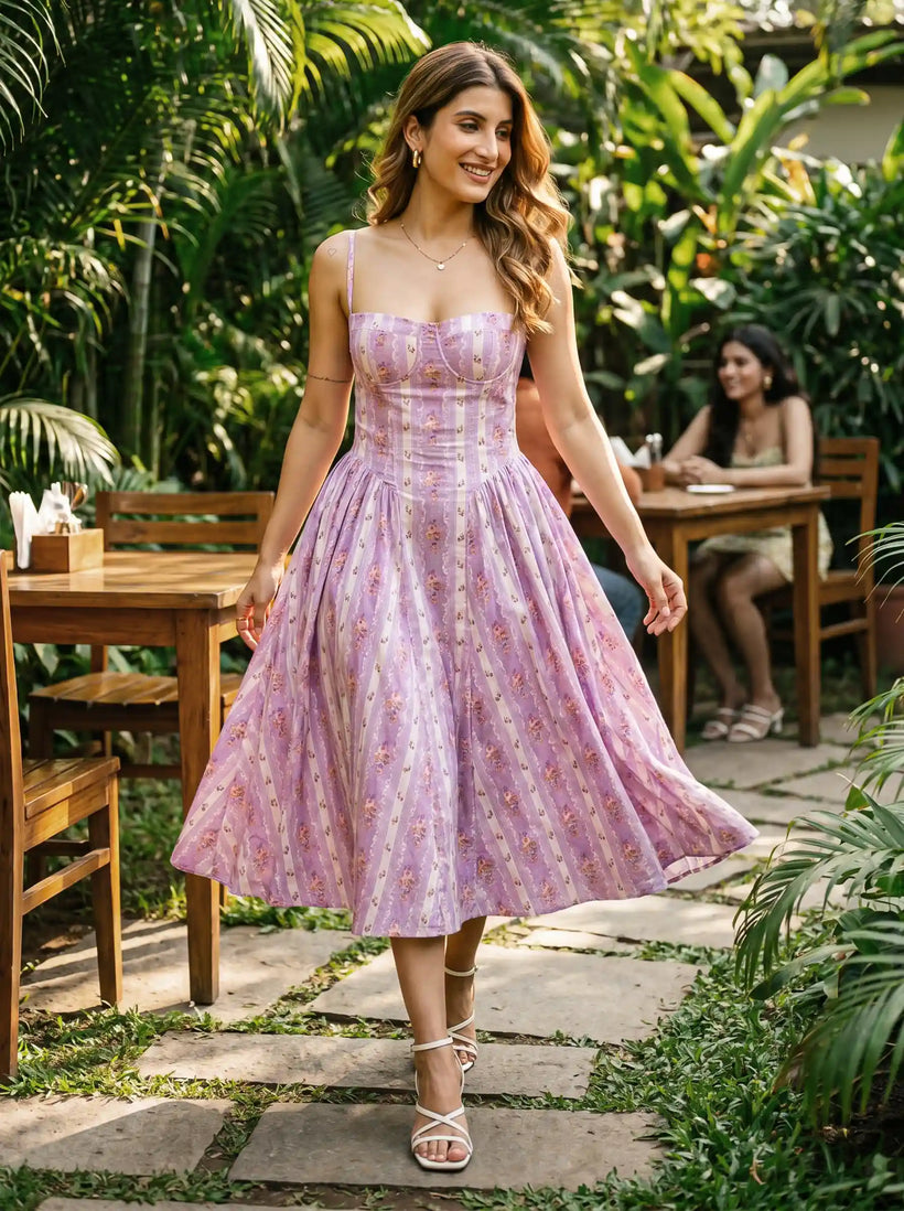 Lilac Floral Stripe Bustier Cotton Midi Dress