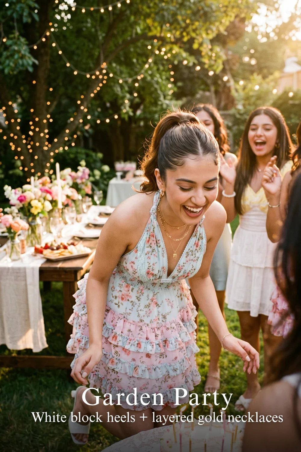 Woman in Pretty Pixie pastel blue floral halter mini dress styled for a styled look