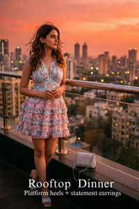 Woman in Pretty Pixie pastel blue floral halter mini dress styled for a styled look