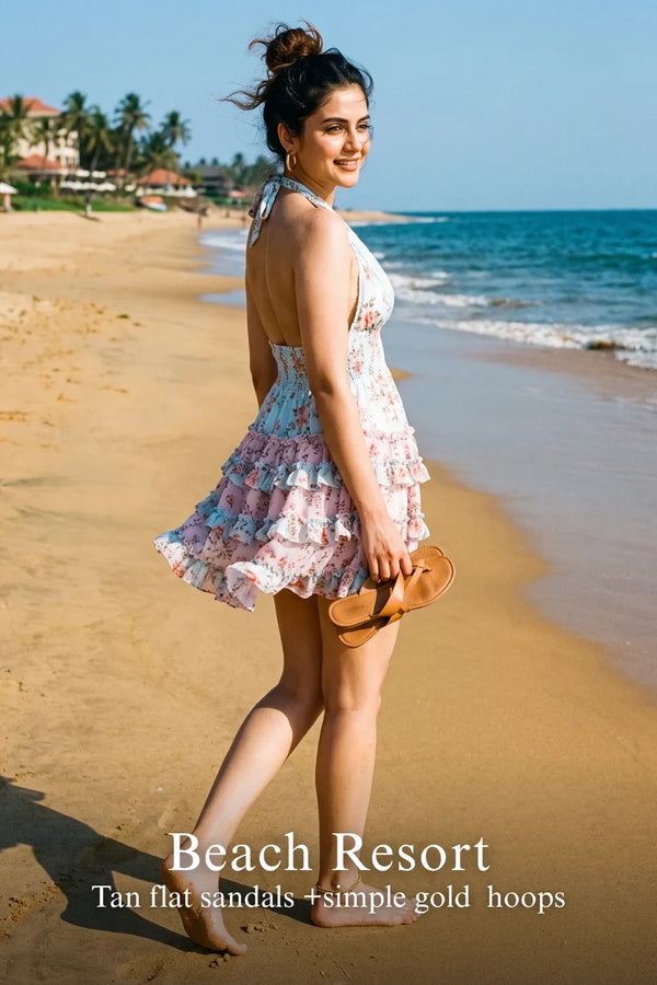 Pastel Blue Floral Halter Mini Dress — view 4