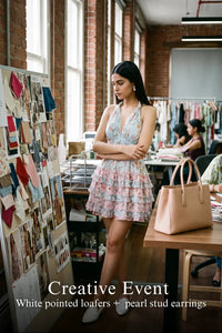 Woman in Pretty Pixie pastel blue floral halter mini dress styled for a styled look