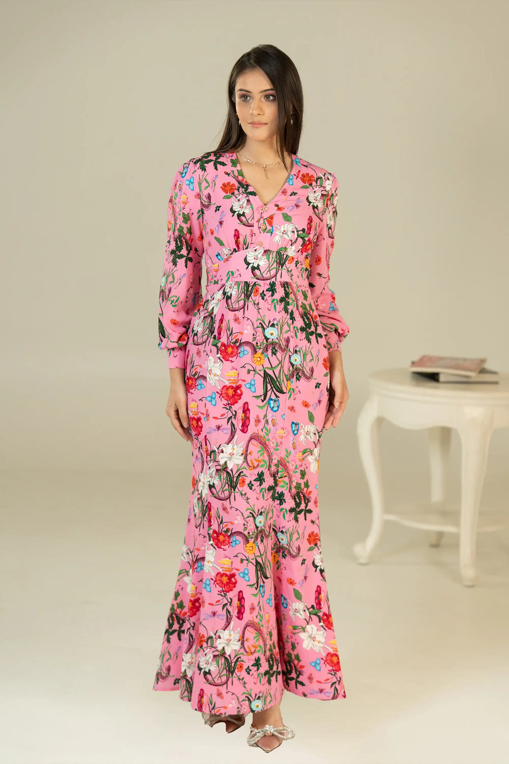 Full front view of pink floral maxi dress with long sleeves