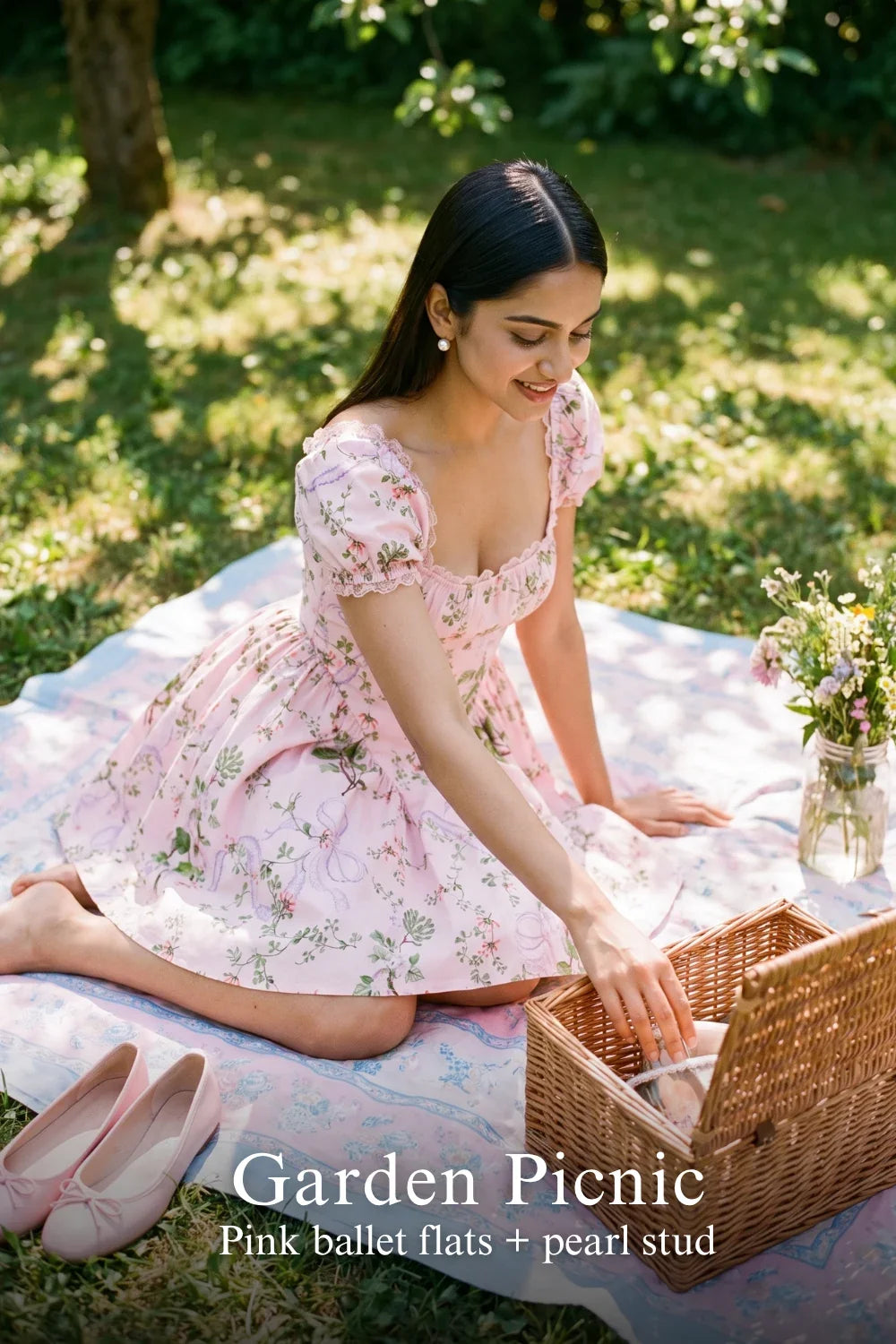 Woman in Pretty Pixie pink puff-sleeve floral mini dress styled for a styled look