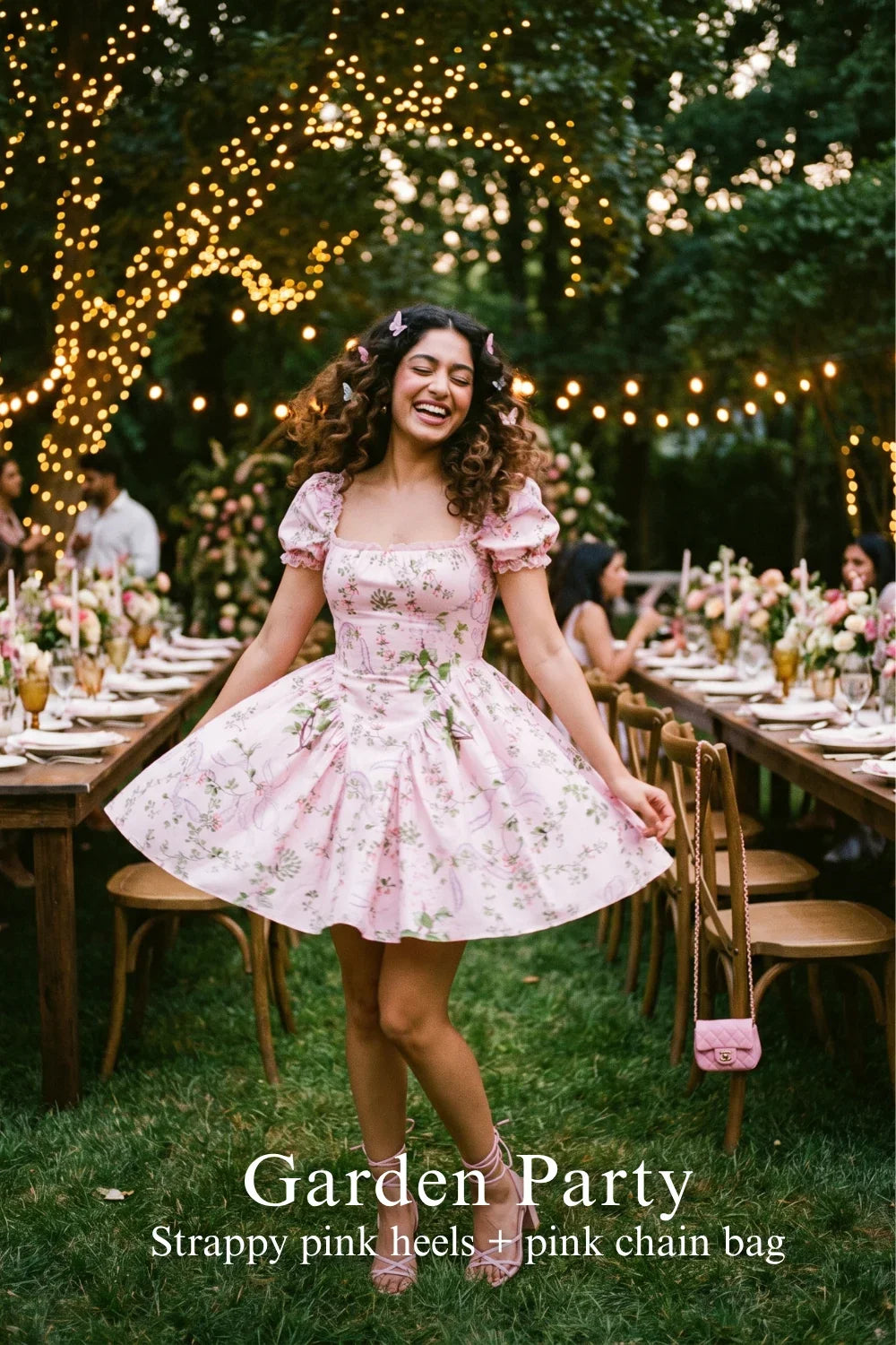 Woman in Pretty Pixie pink puff-sleeve floral mini dress styled for a styled look