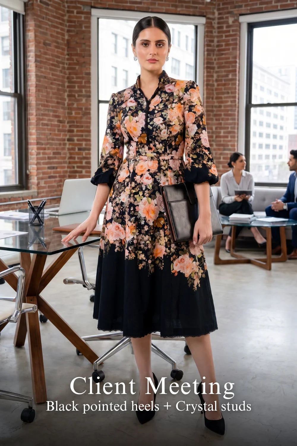 Woman in Pretty Pixie rosalia bloom black floral belted midi dress styled for a styled look