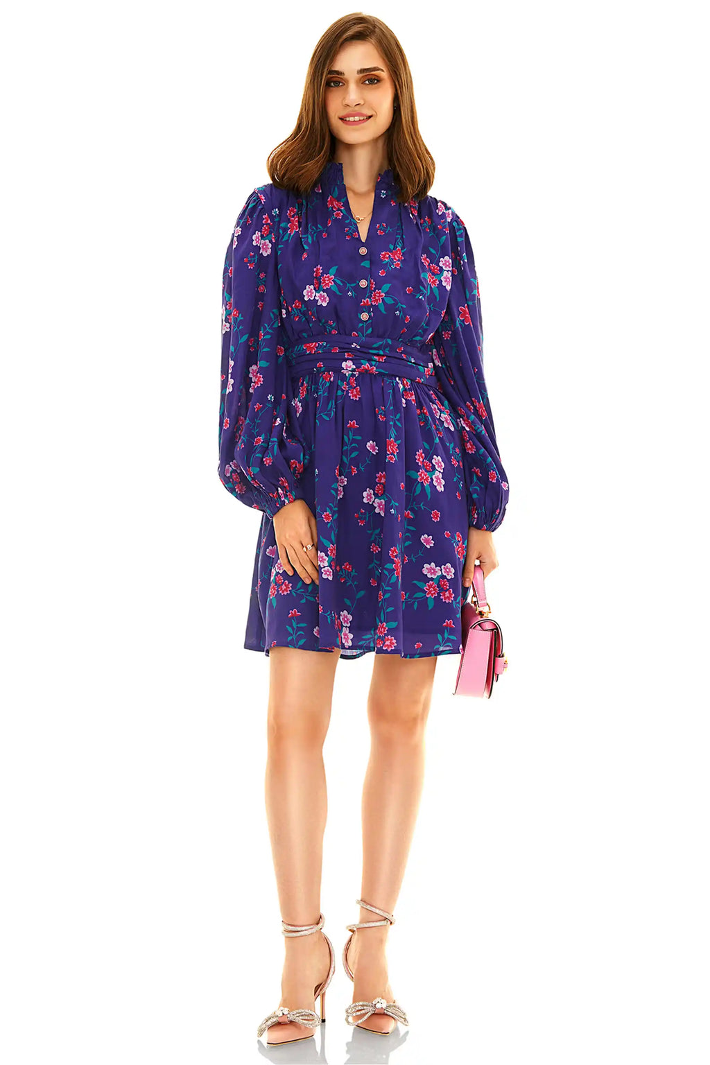 Royal Indigo floral mini dress front view, V-neck, long sleeves, belted waist, chic style.