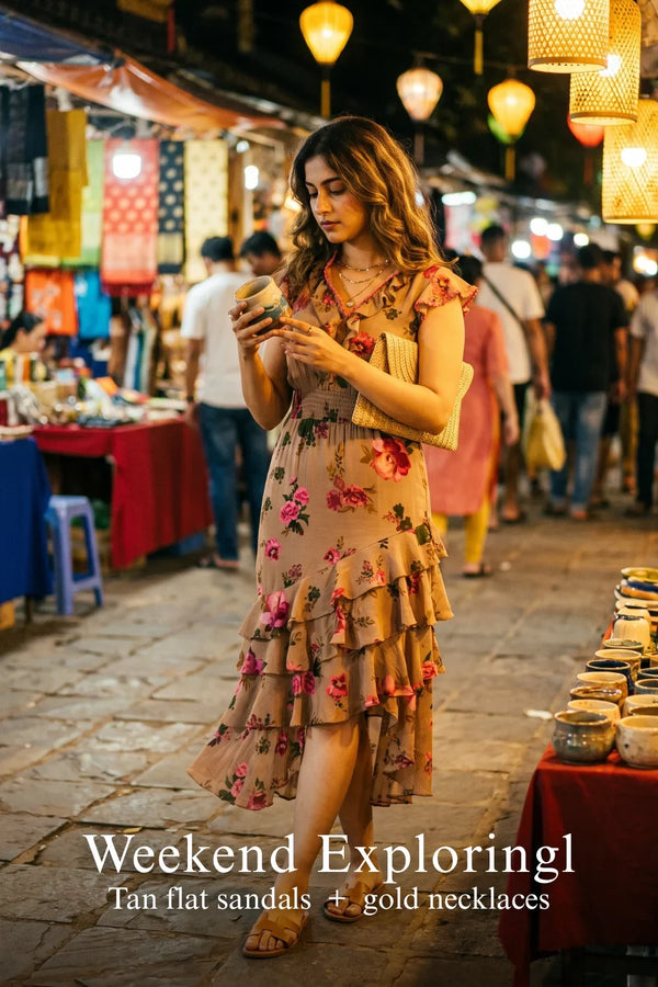 Taupe Pink Floral Ruffle Midi Dress — view 4