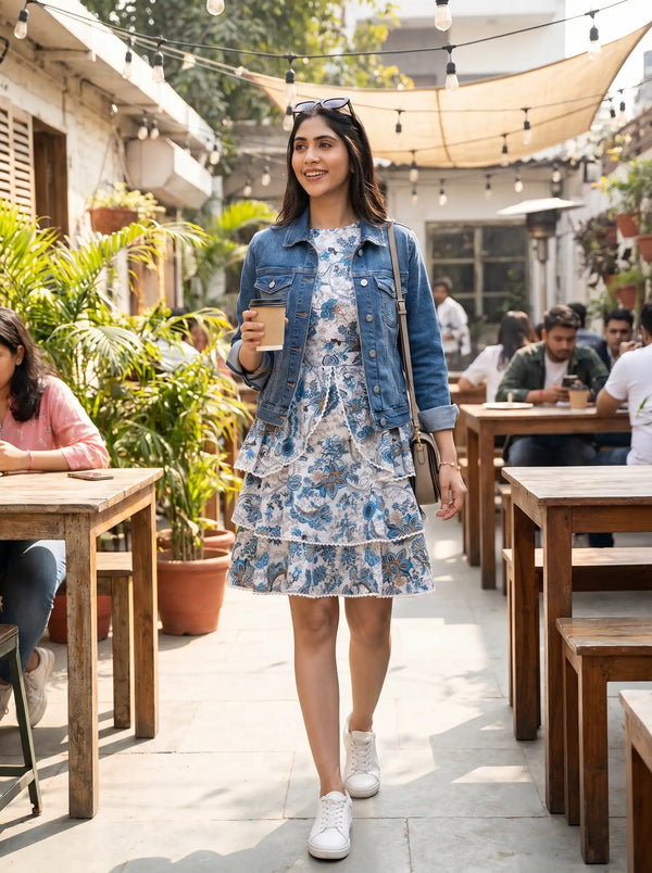 Blue Floral Cotton Tiered Ruffle Sleeveless Mini Dress — view 4