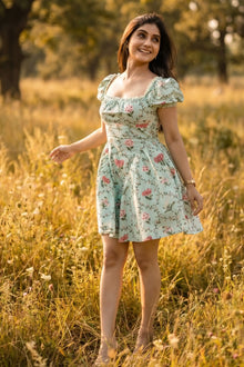 Mint Puff-Sleeve Floral Mini Dress