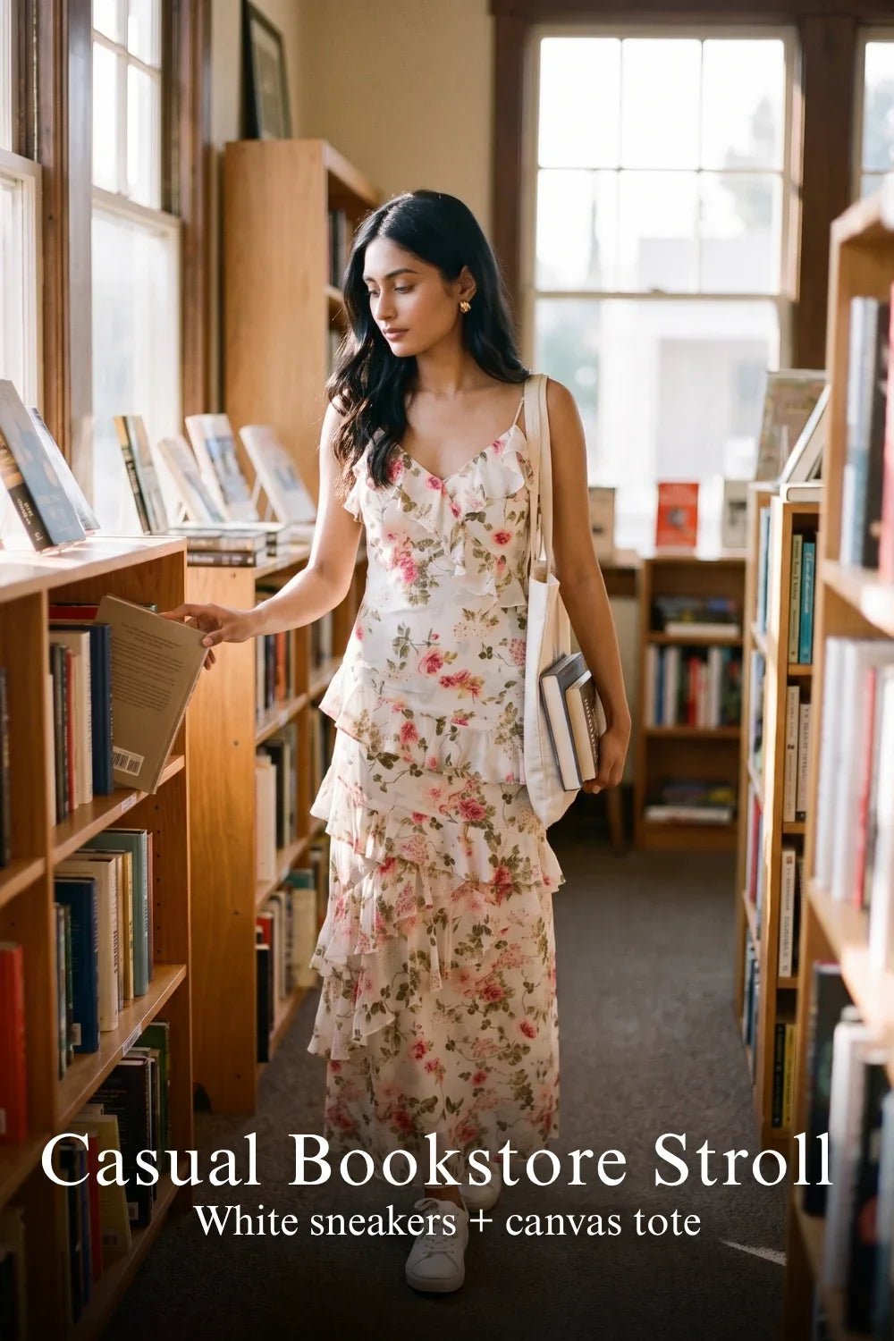 Pretty Pixie amalfi rose ruffle maxi dress for bookstore stroll look.