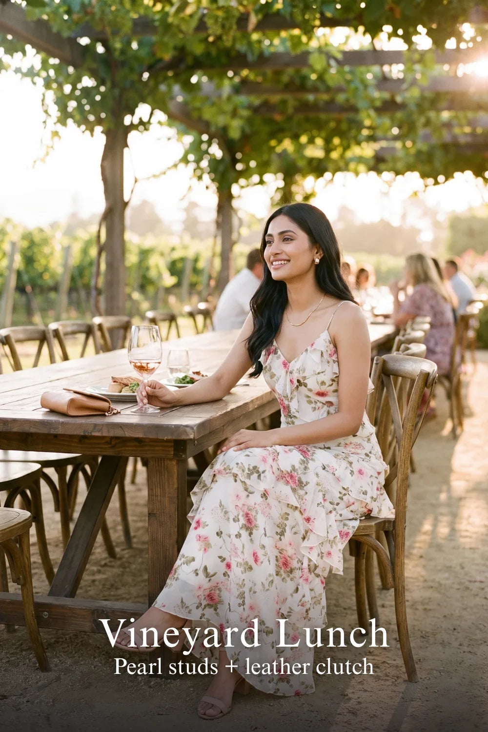 Pretty Pixie amalfi rose ruffle maxi dress for vineyard lunch look.