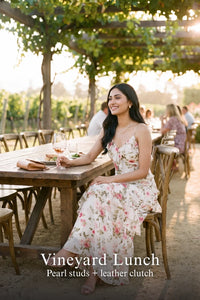 Pretty Pixie amalfi rose ruffle maxi dress for vineyard lunch look.