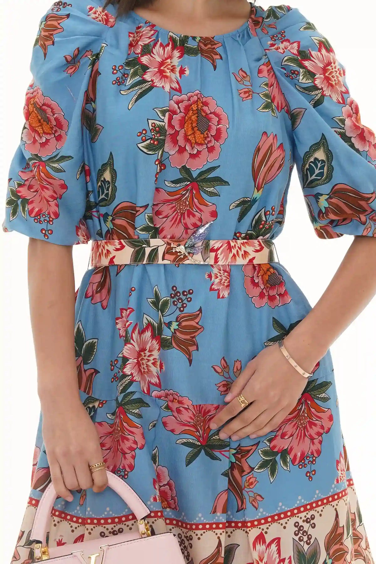 Close-up of Pretty Pixie aqua ombre floral long-sleeve belted mini dress