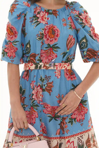 Close-up of Pretty Pixie aqua ombre floral long-sleeve belted mini dress