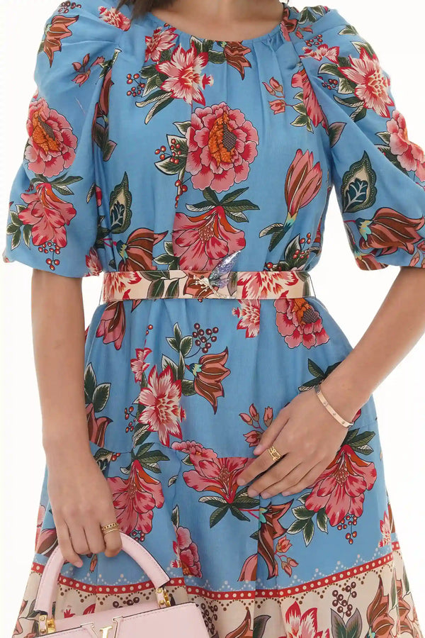 Close-up of Pretty Pixie aqua ombre floral long-sleeve belted mini dress