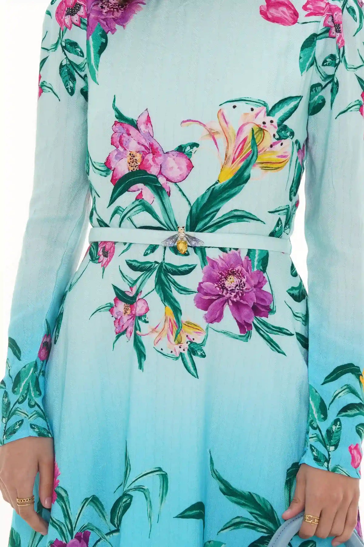 Close-up of Pretty Pixie aqua ombre floral long-sleeve belted mini dress, fabric detail