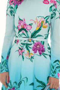 Close-up of Pretty Pixie aqua ombre floral long-sleeve belted mini dress, fabric detail