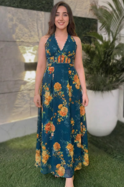 Sunset Crush Floral Halter Maxi Dress — Royal Indigo