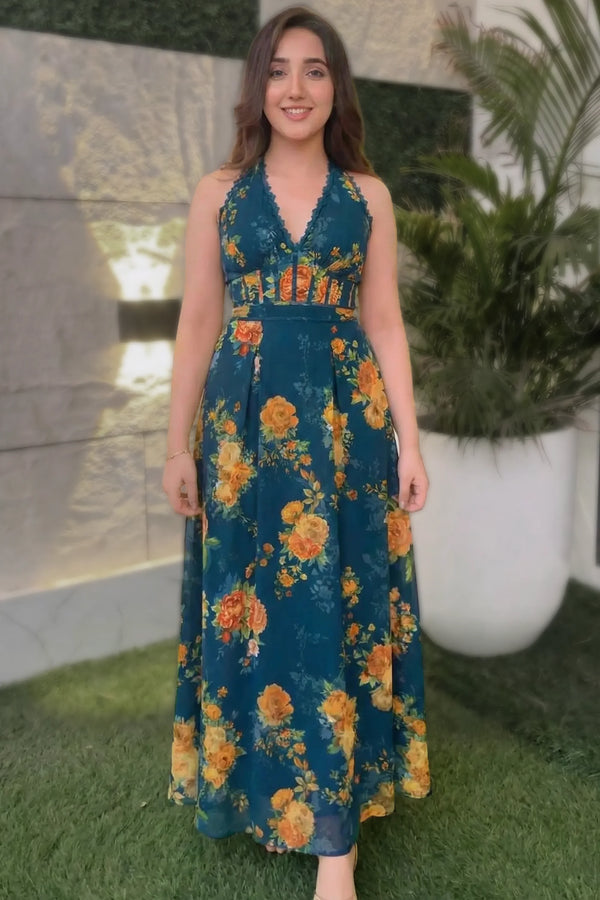 Sunset Crush Floral Halter Maxi Dress — Royal Indigo