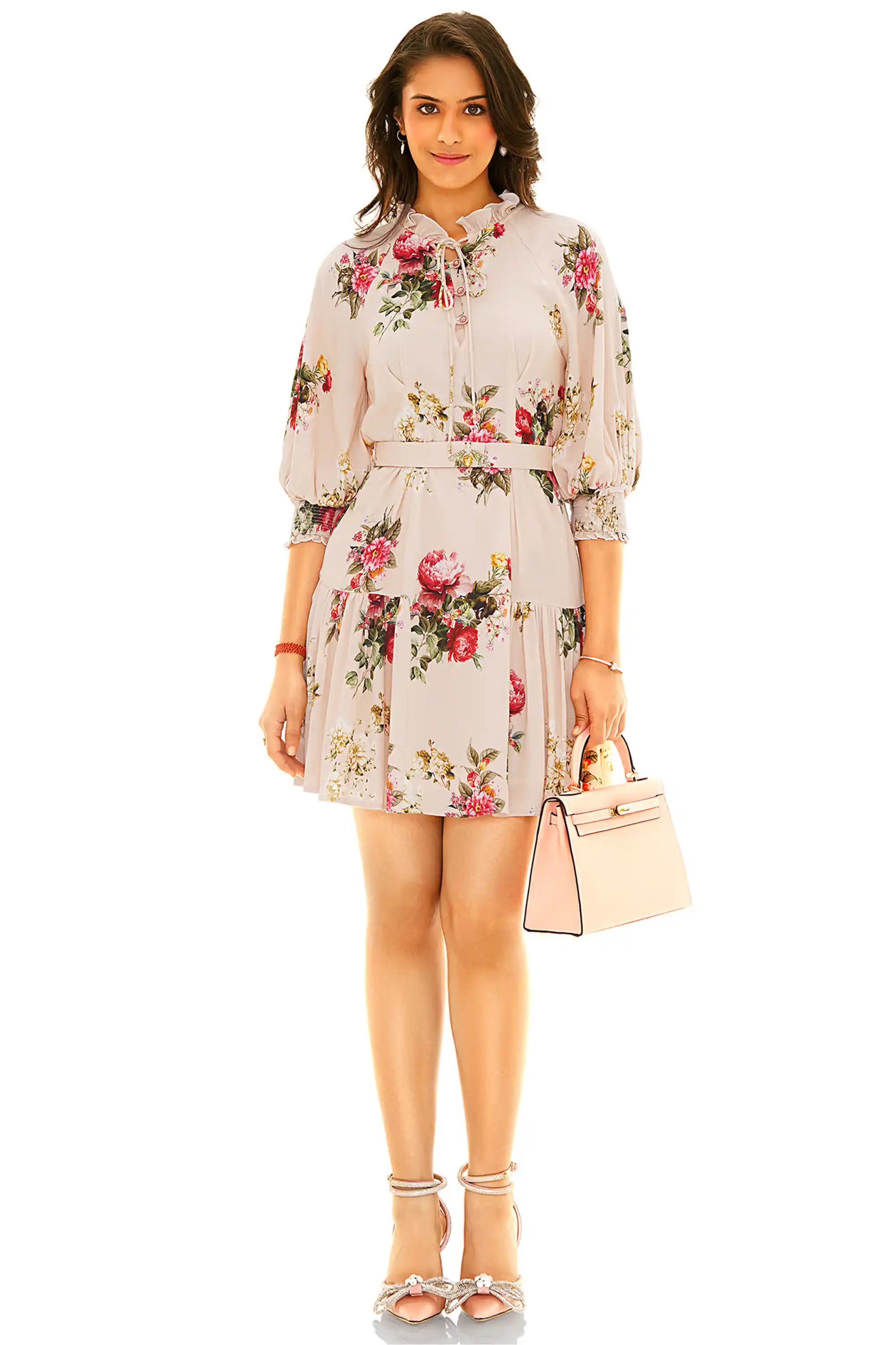Beige floral puff sleeve belted mini dress front view – short dress with ruffle neck