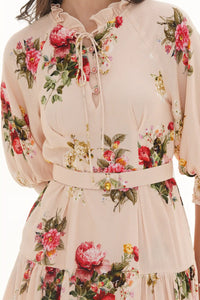 Close-up of Pretty Pixie beige garden rose puff-sleeve belted mini dress