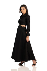 Eclipse Black | Cutout maxi shirt dress side view flared hem
