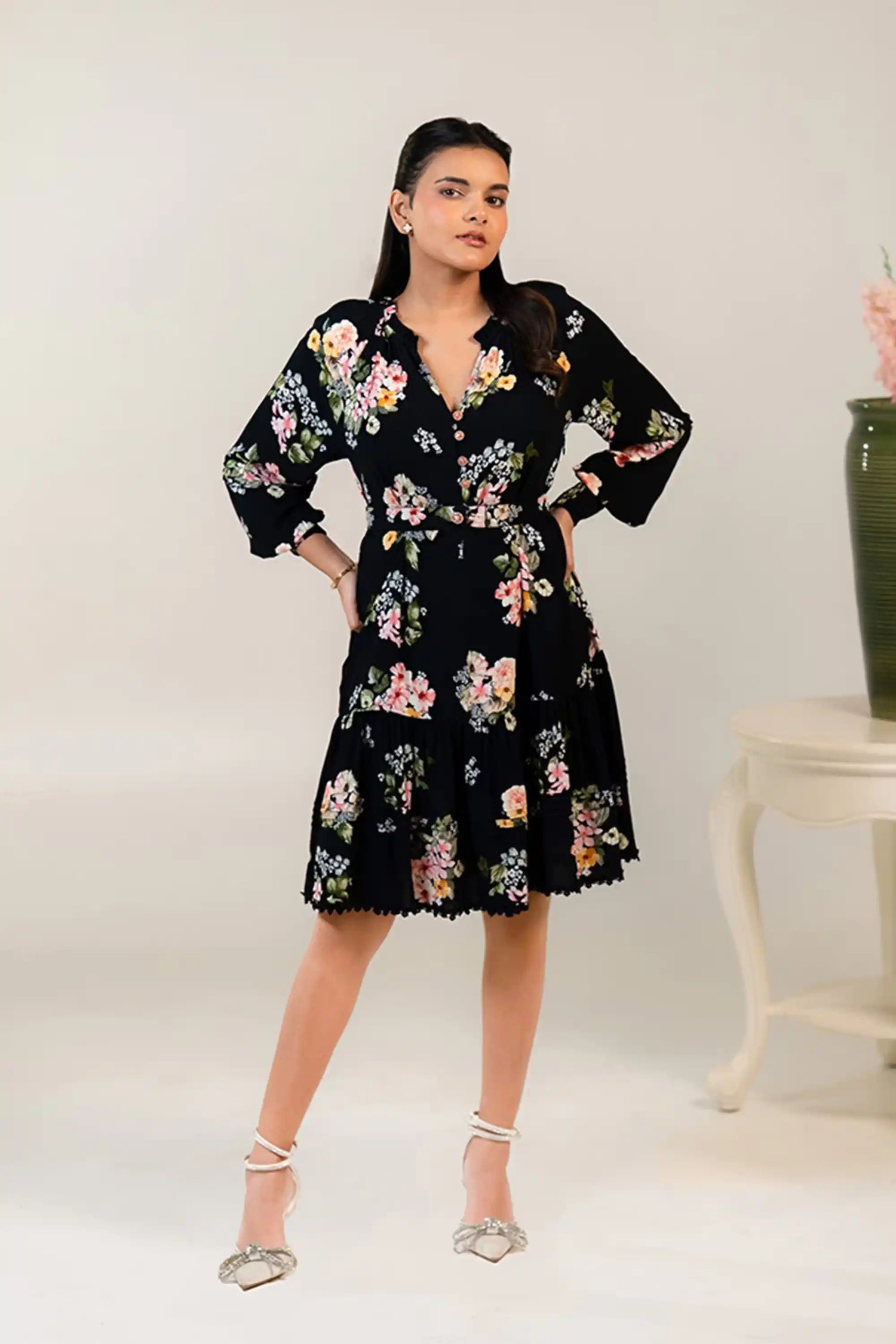 Pretty Pixie Women Floral Print A-Line Dress For Women (Black, M) Pretty Pixie Women Floral Print A-Line Dress For Women (Black, M)