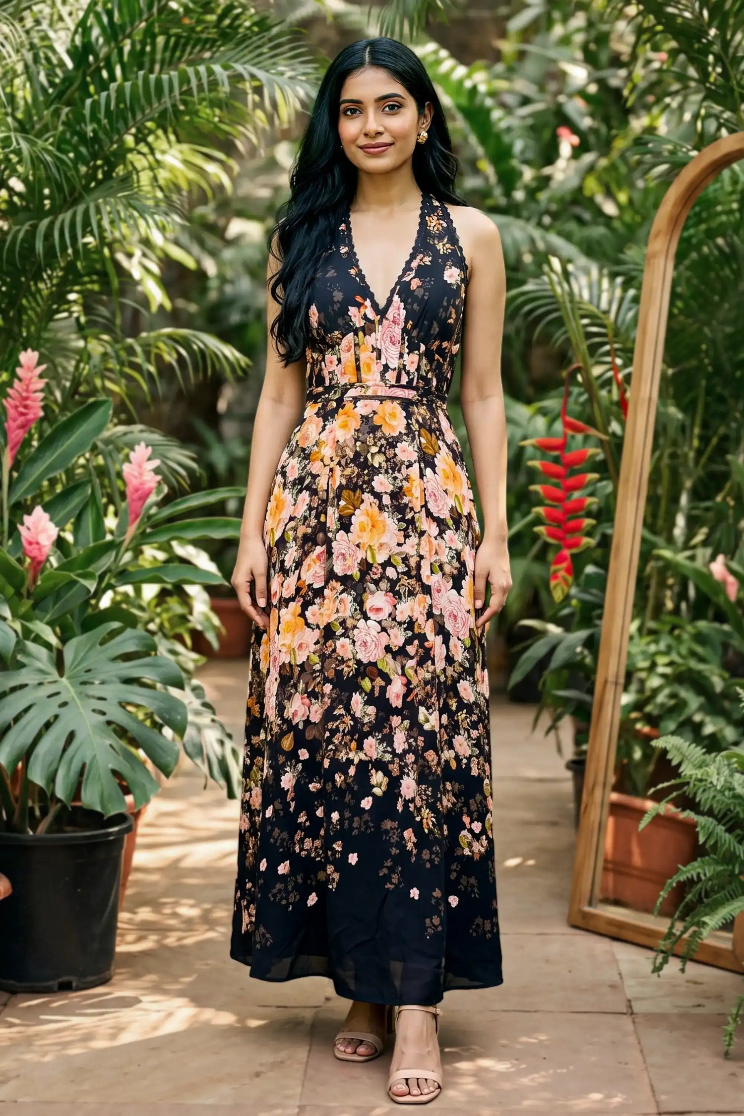 Woman wearing black floral halter maxi dress with pink and yellow flowers in garden; organic cotton occasion wear for women
