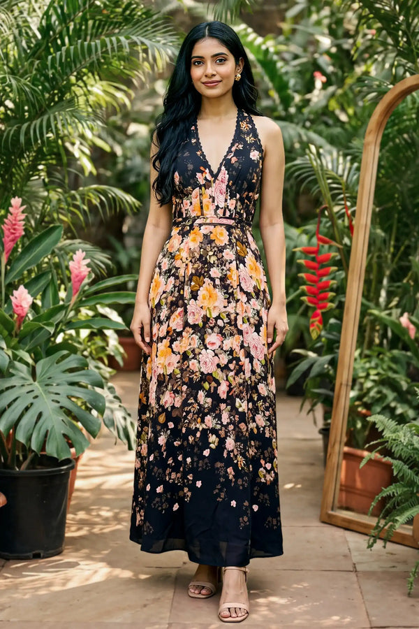 Sunset Crush Midnight Rose Floral Halter Maxi Dress — view 1
