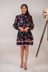 Black floral lace-trim mini dress with long sleeves front view