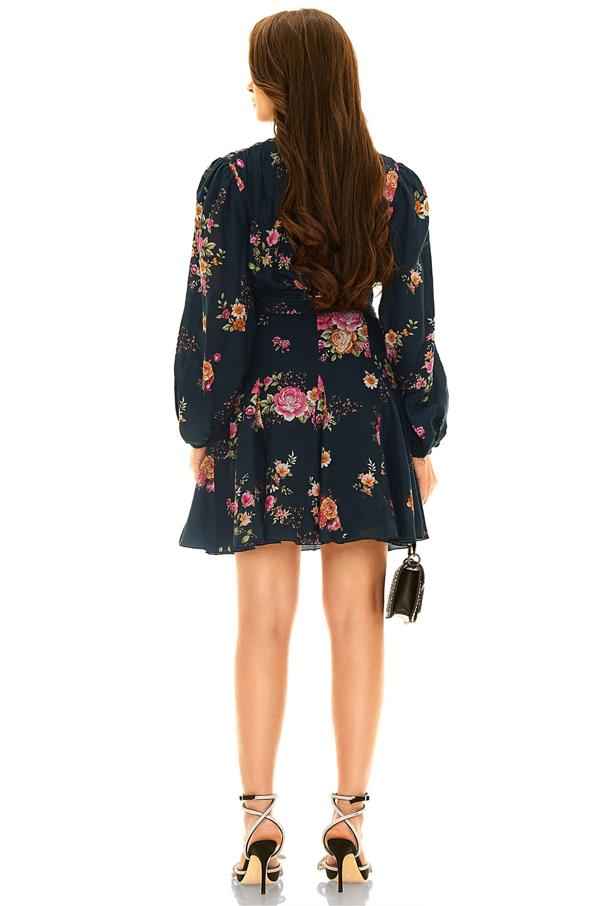 Black base floral long-sleeve V-neck mini dress with pleated waist, back