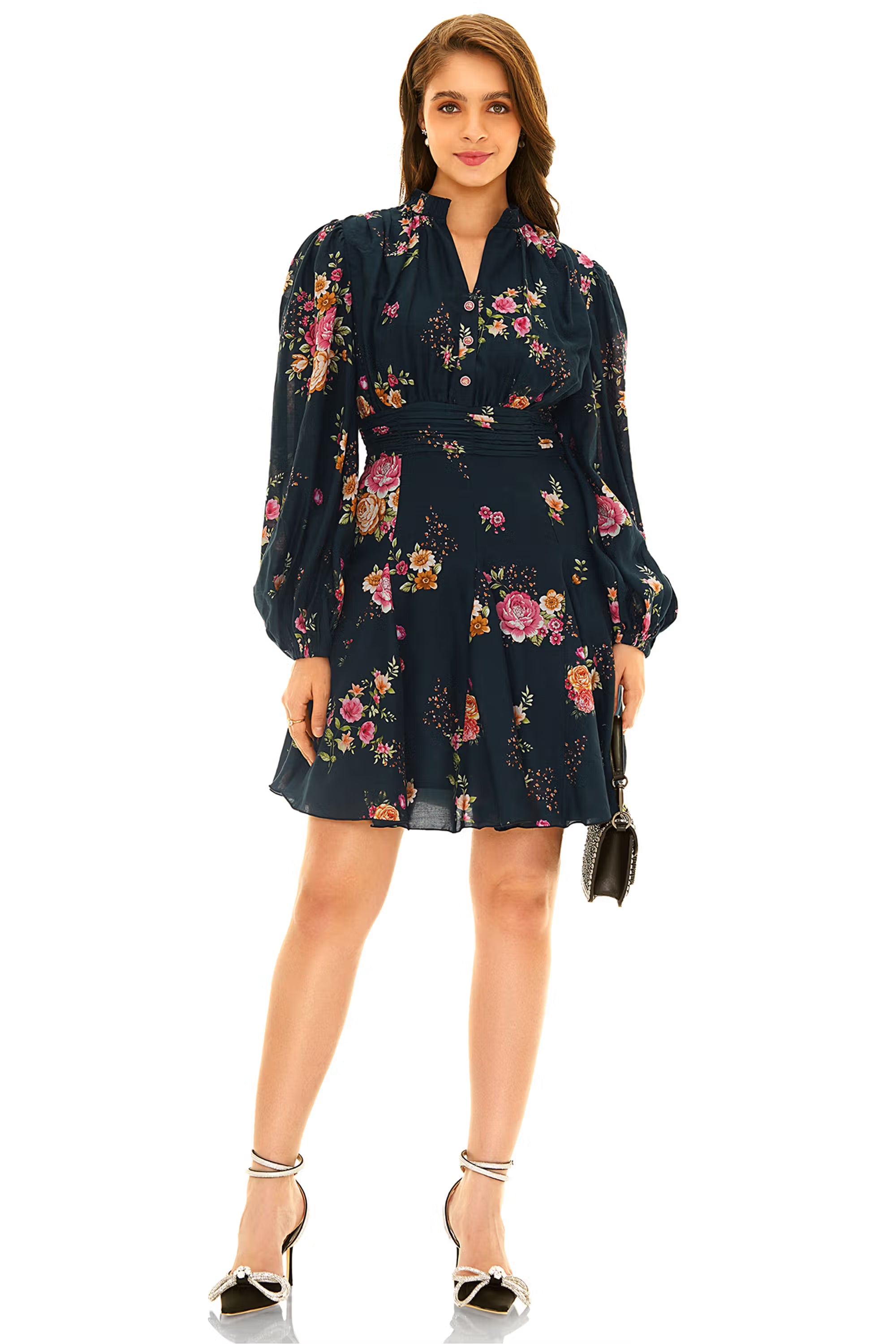 Black base floral long-sleeve V-neck mini dress with pleated waist, front