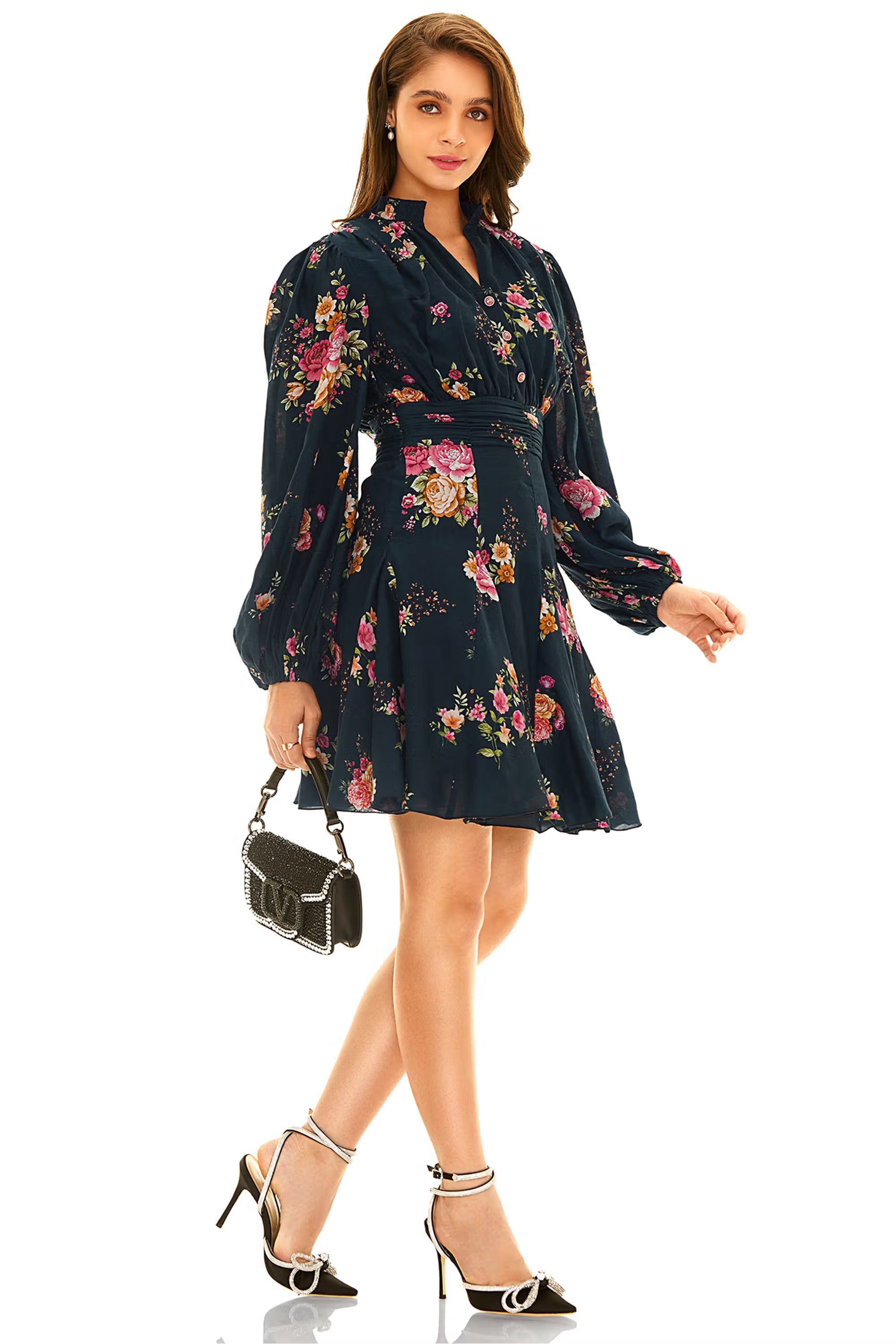 Black base floral long-sleeve V-neck mini dress with pleated waist, side