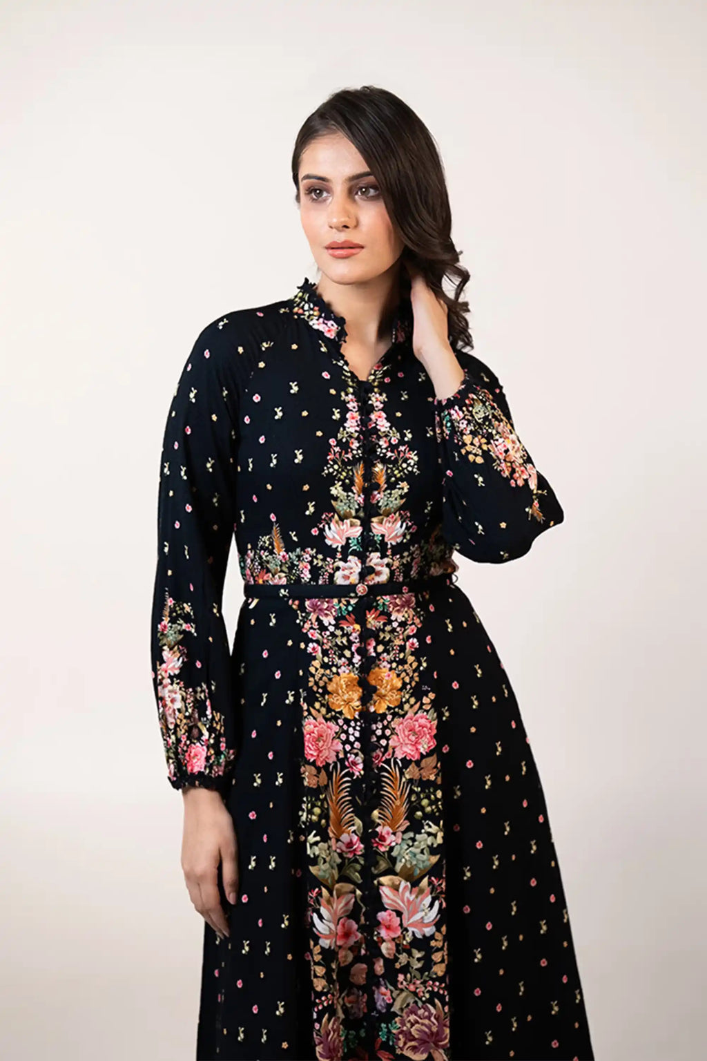 Black floral midi dress close-up front neckline