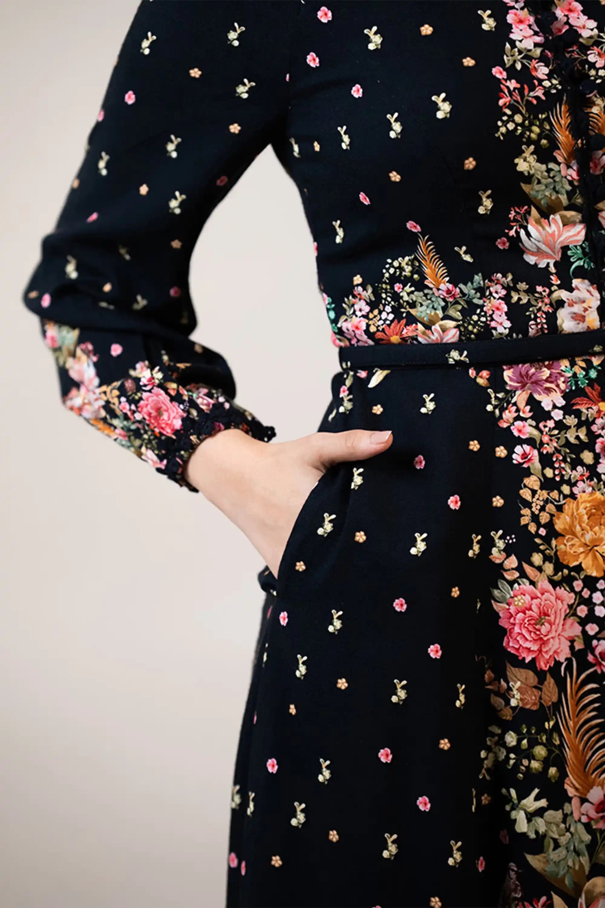 Black floral midi dress with side pocket detail