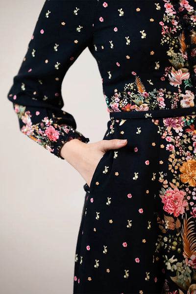 Black floral midi dress with side pocket detail
