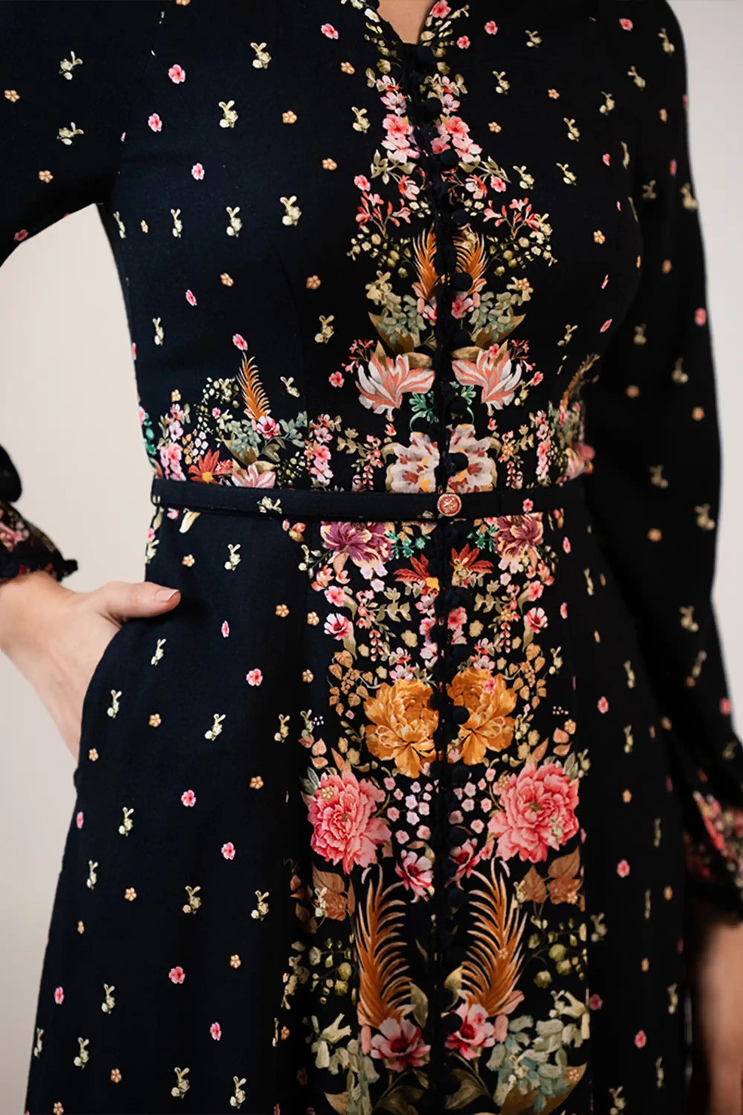 Black floral midi dress waist detail with flowers