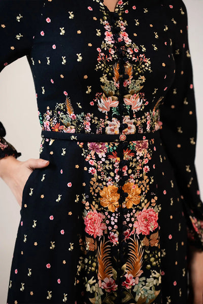 Black floral midi dress waist detail with flowers