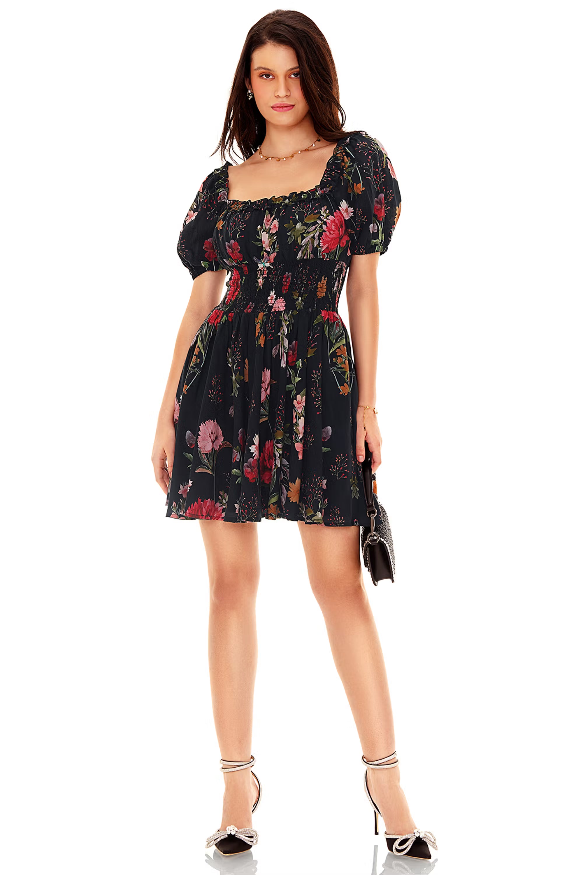 Black floral square-neck mini dress with puff sleeves and shirred waist, front view