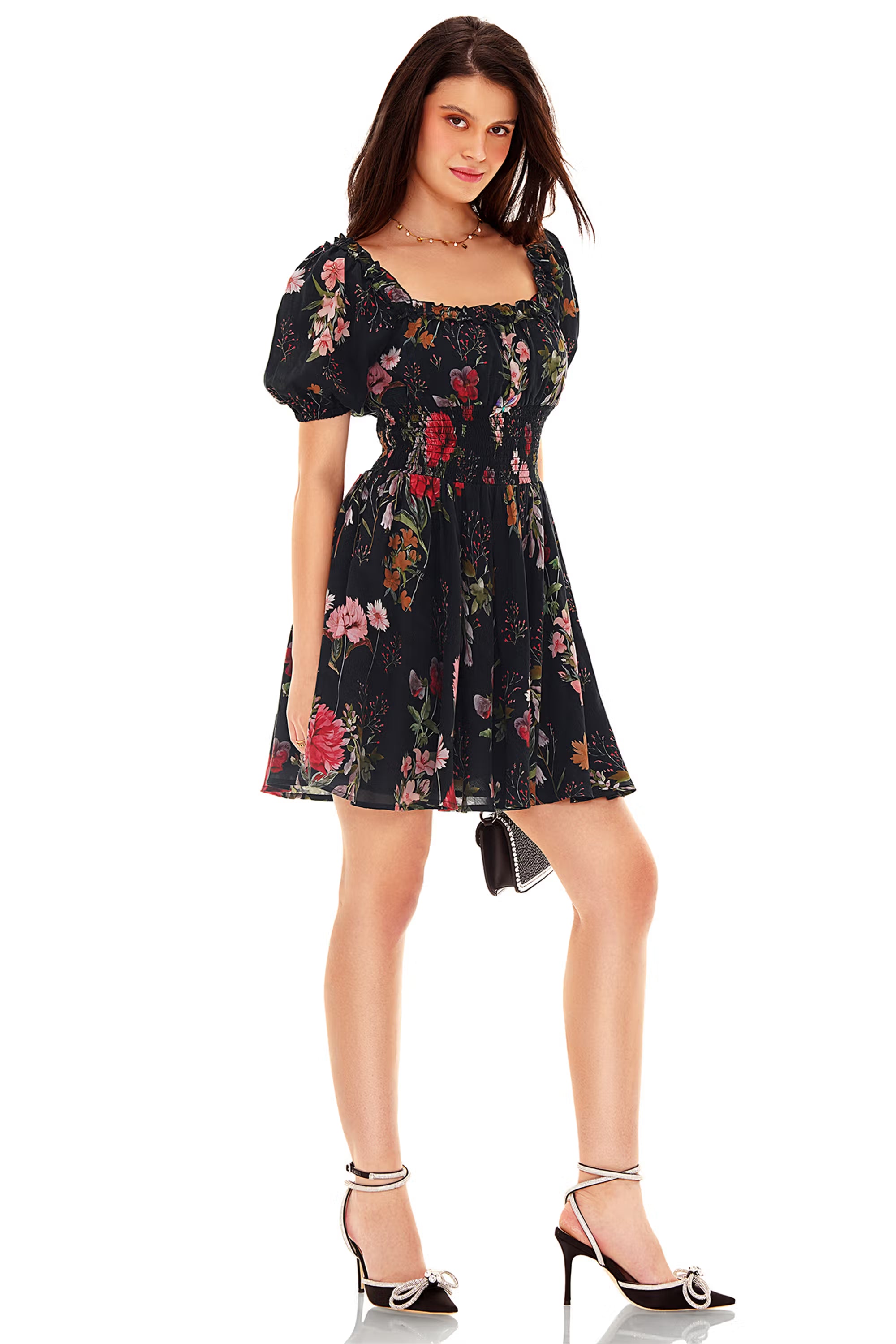 Black floral puff sleeve mini dress with shirred bodice and square neckline, side view