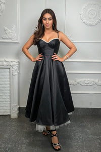 Black | Satin bustier midi dress campaign shot