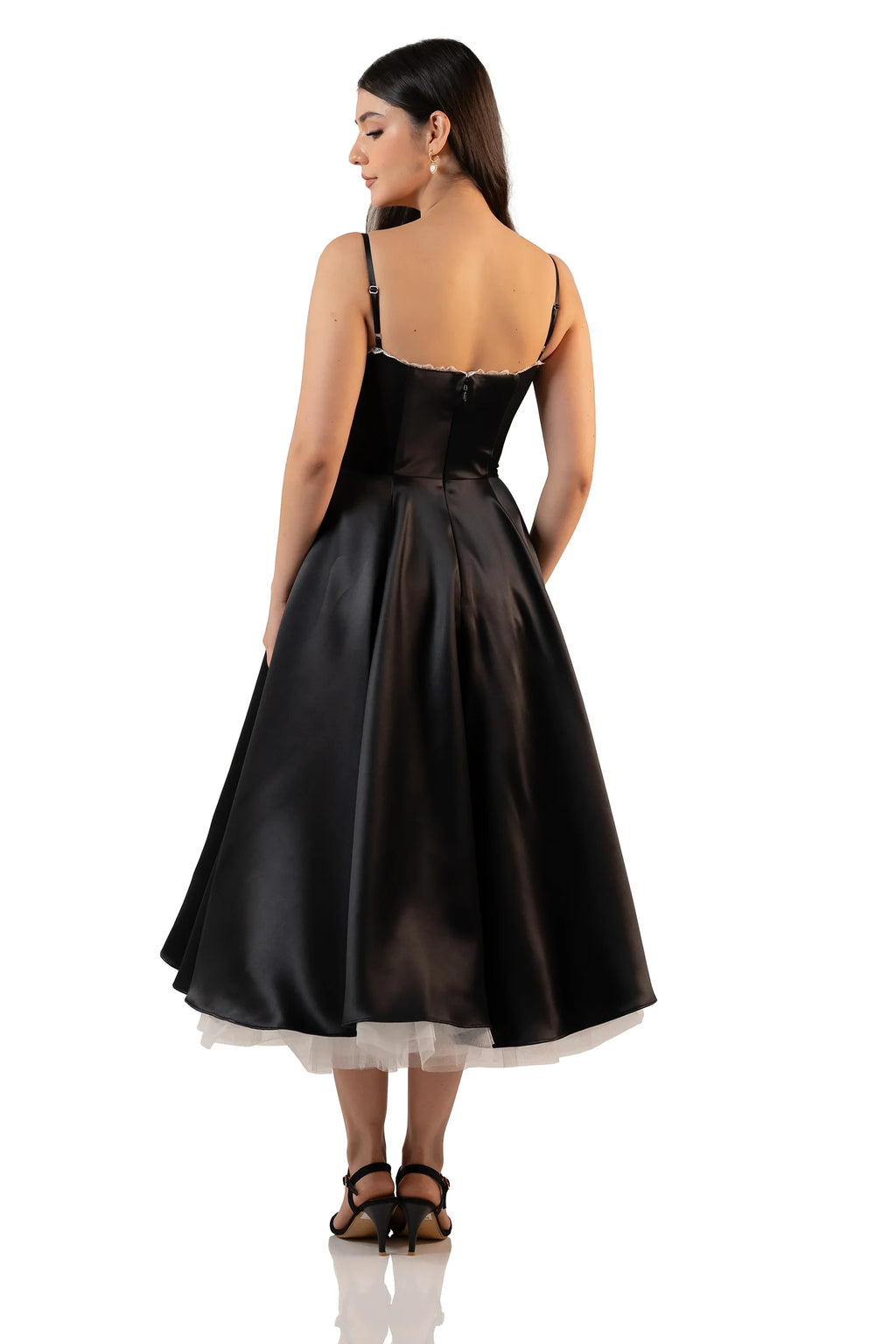 black satin midi dress with adjustable straps and flared skirt – back view
