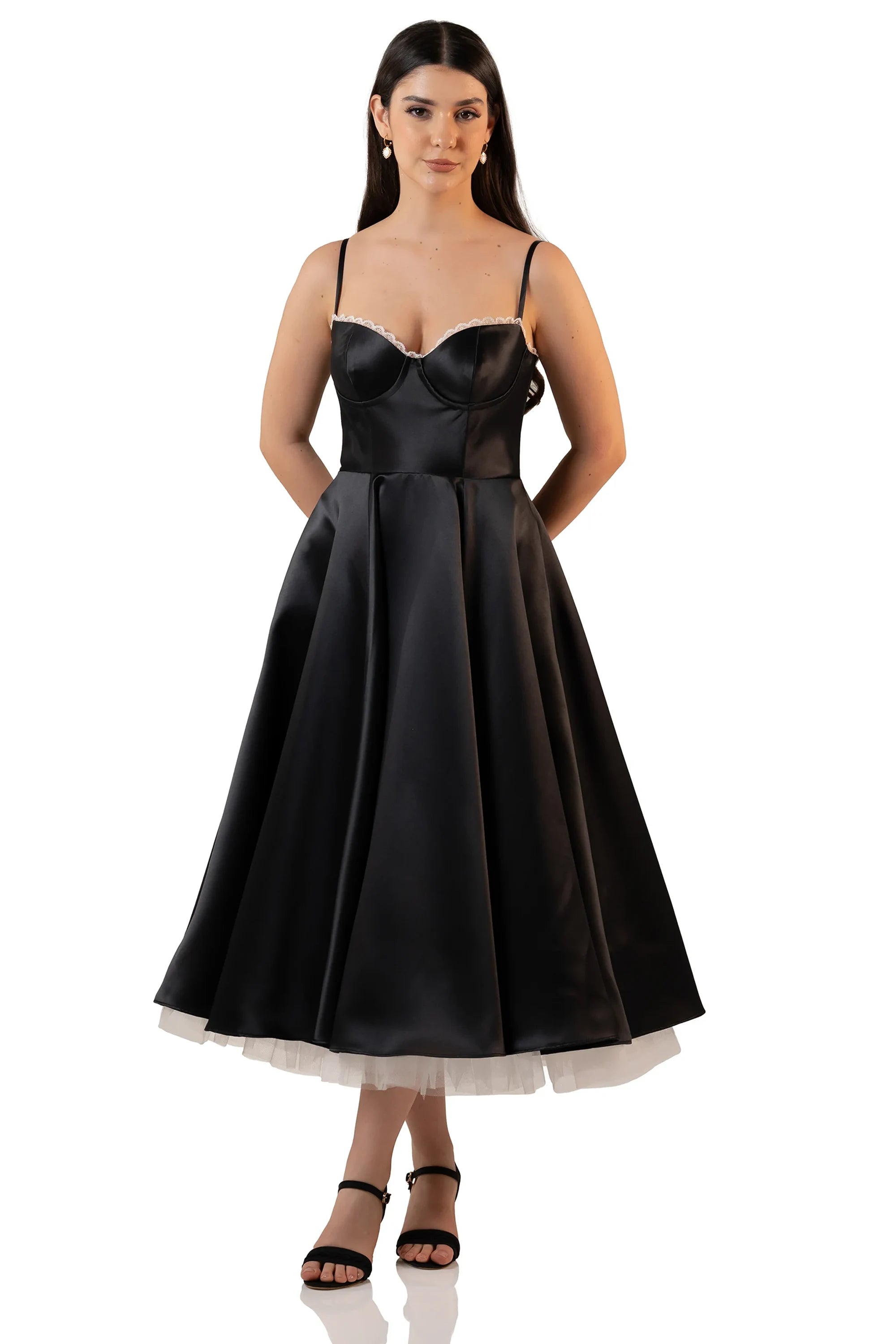 Black Satin Corset Tea-Length Dress - late night elegance