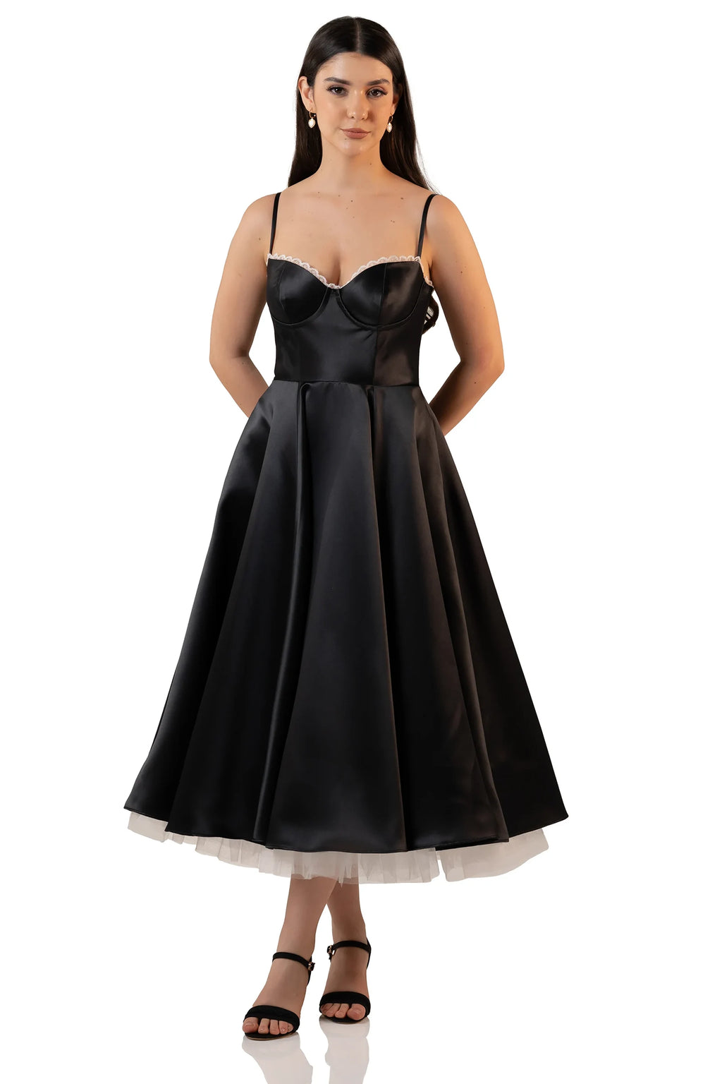 Classic black satin midi dress with fitted bodice and sweetheart neckline – front view