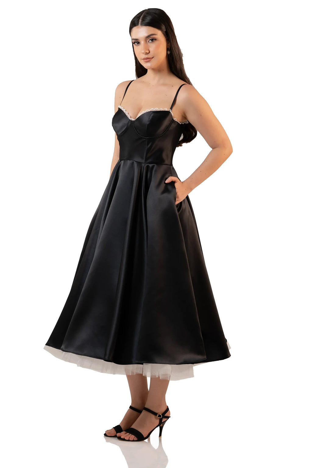 black satin midi dress with lace-trimmed bust and flared skirt – side view