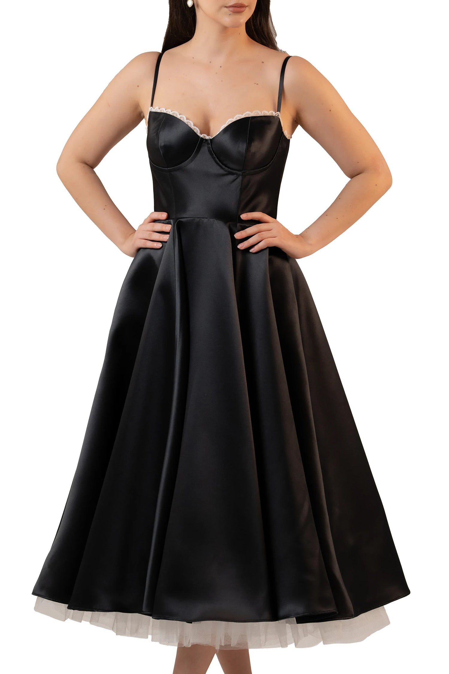 Black satin midi dress with structured bodice and lace neckline – waist-up view