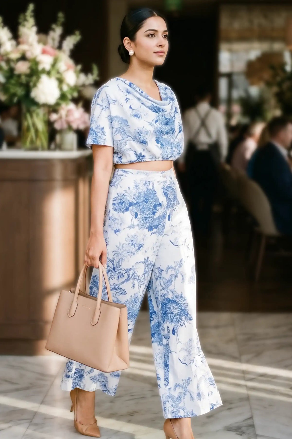 Woman carrying a tote bag in a hotel lobby wearing Pretty Pixie's blue toile cowl-neck crop top and palazzo pants co-ord set